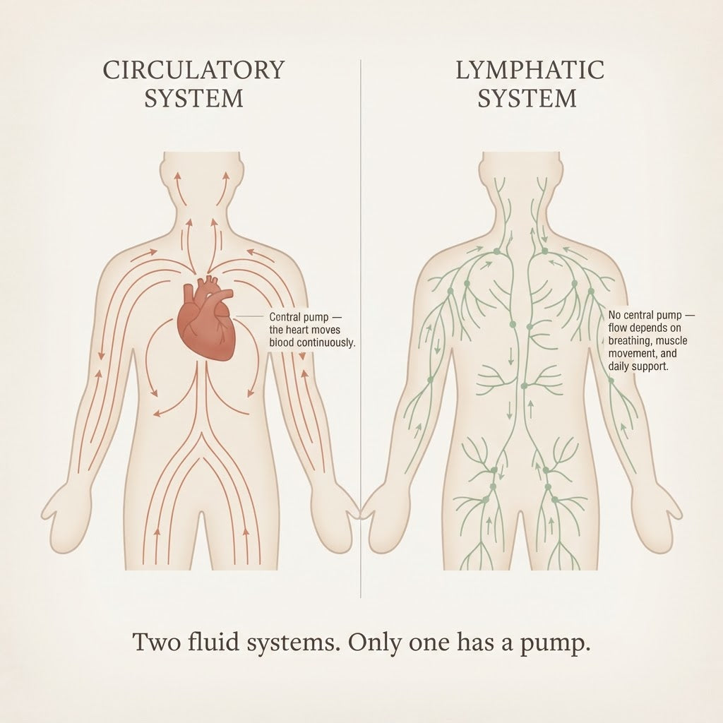 Comparison diagram showing the circulatory system with a heart pump and the lymphatic system without a central pump