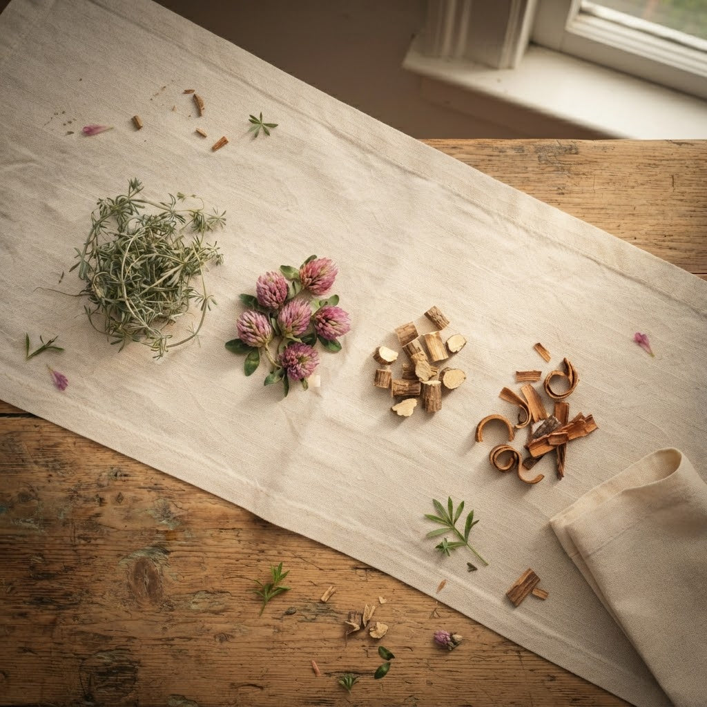 Cleavers, red clover, stillingia root and prickly ash bark arranged on natural linen